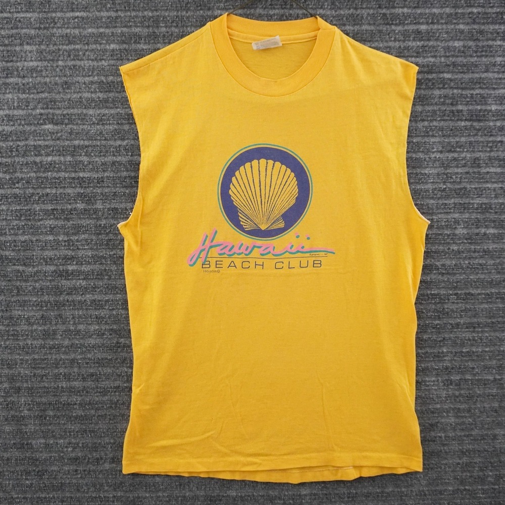 Vintage 80s Muscle Tee Mens L Yellow Hawaii Beach Club Graphic Shell